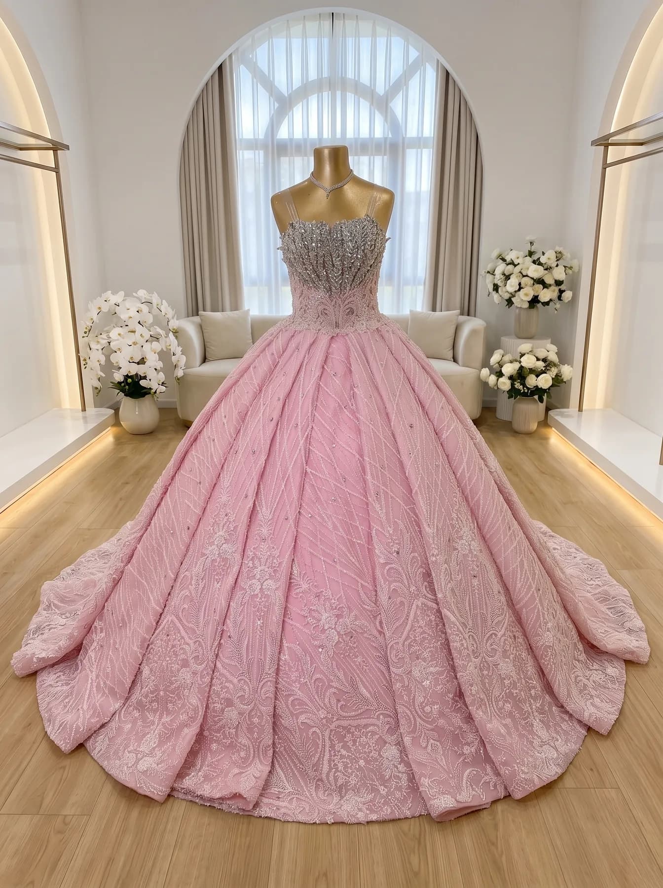 Roze trouwjurk Barbi Roze van Dalas, een baljurk met kristallen lijfje en geborduurde rok