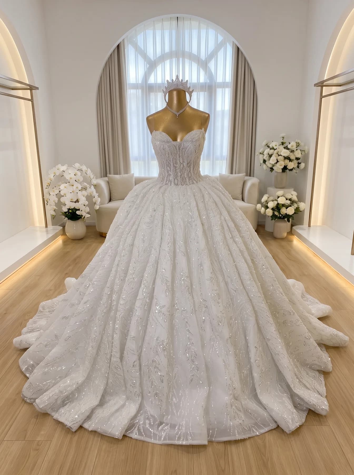 Witte trouwjurk Barbi Wit van Dalas, een prinsessenjurk met sweetheart-halslijn, volledig bezet met kralen