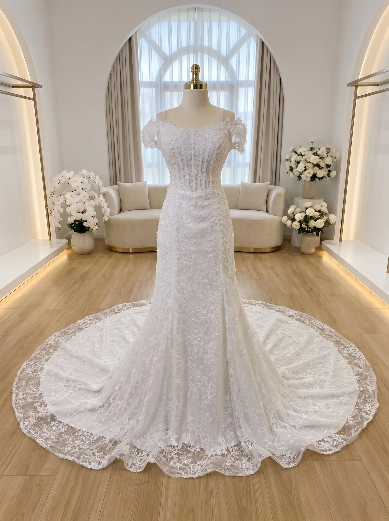 Getailleerde kanten trouwjurk Lang op Lichaam van Dalas met off-shoulder mouwtjes en brede kanten sleep