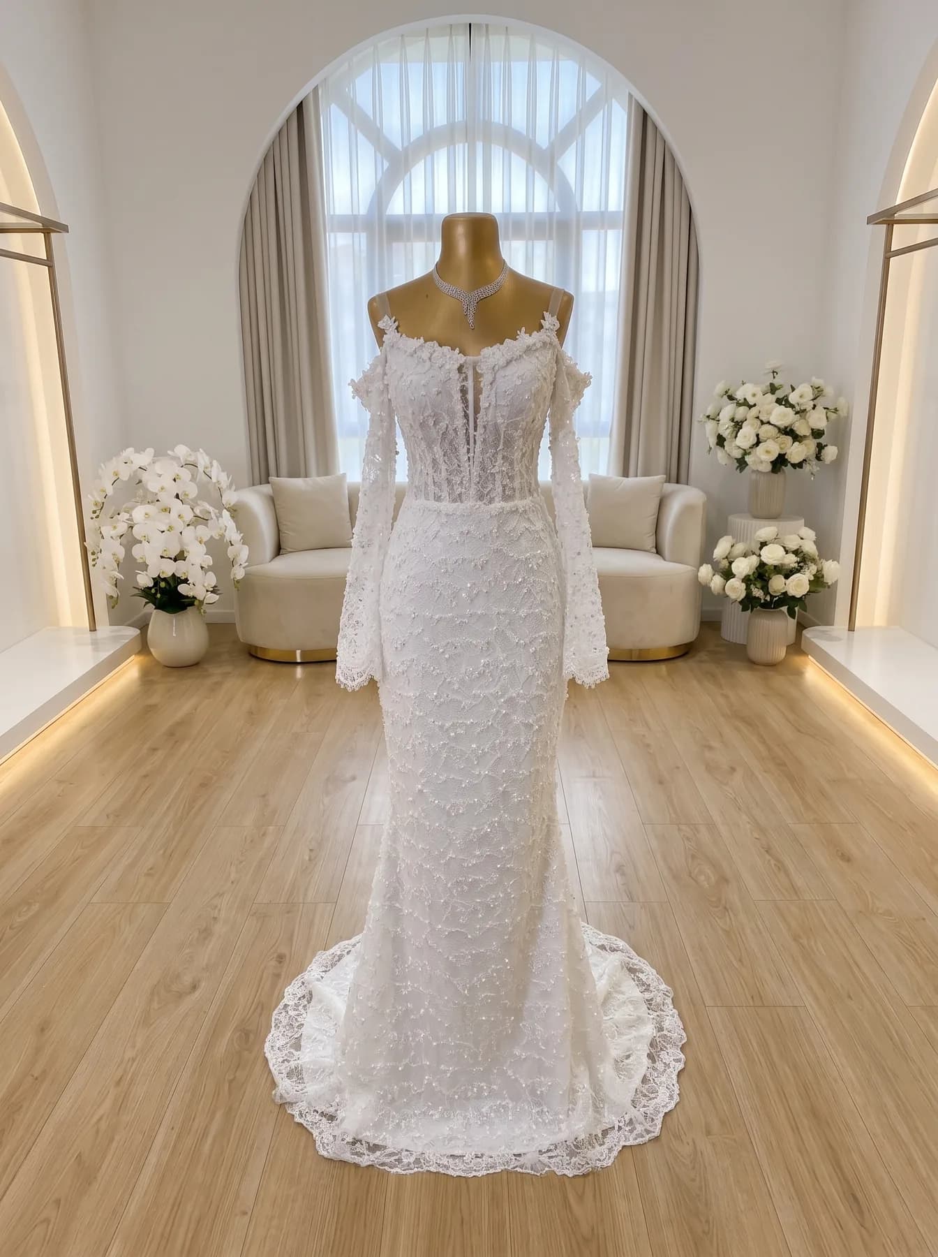 Kanten trouwjurk Op Lichaam Kant van Dalas, nauwsluitend met off-shoulder bandjes, lange kanten mouwen en een geschulpte sleep