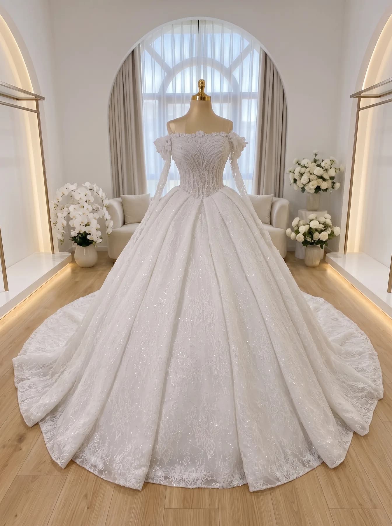 Trouwjurk Princess van Dalas, een witte baljurk met off-shoulder bloemenschouders, korsetlijfje en brede glinsterende sleep