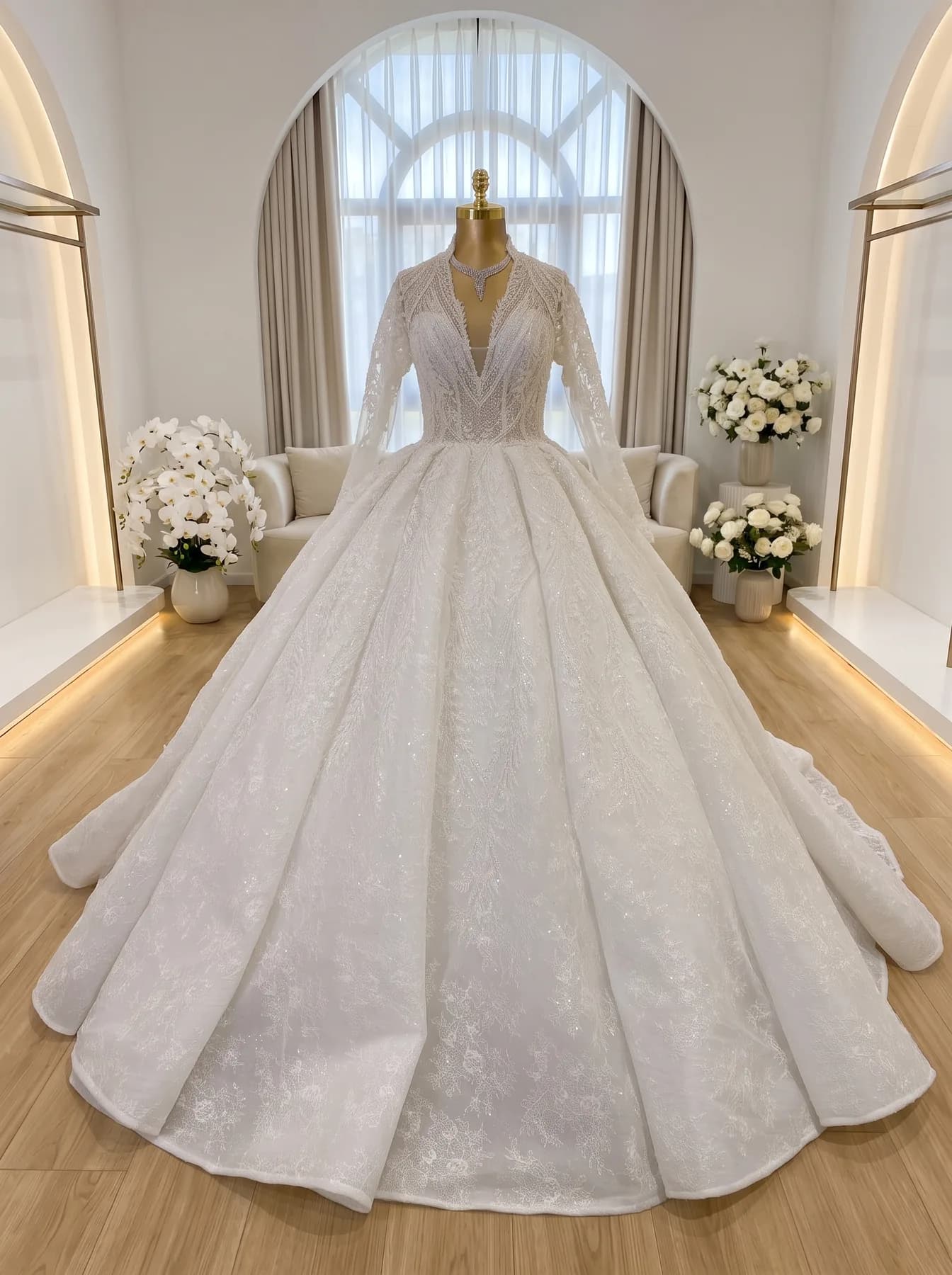 Trouwjurk Queen van Dalas, een witte baljurk met diepe V-hals, lange kralenmouwen en volle kanten rok