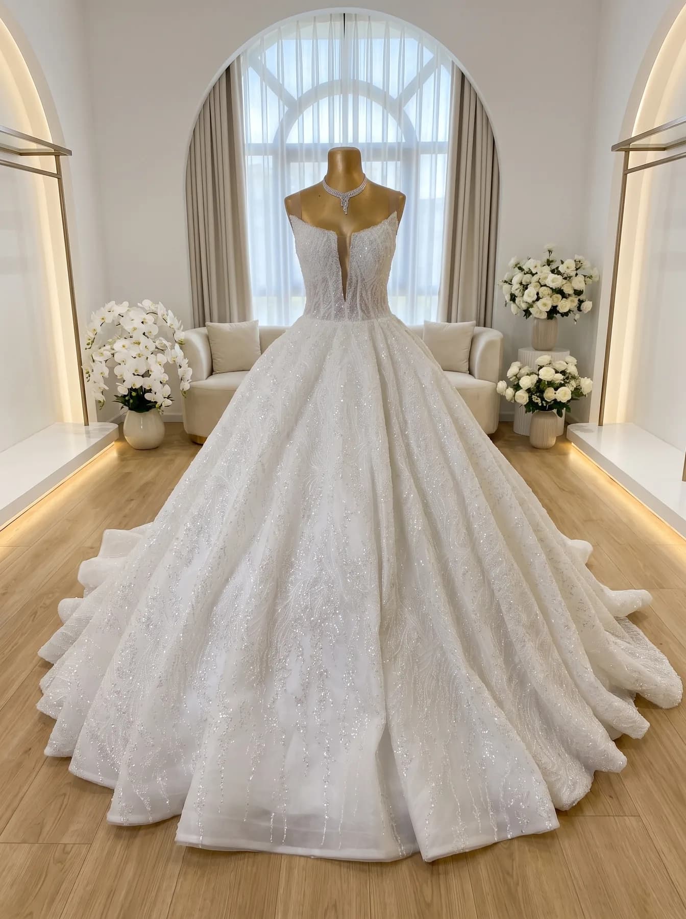Trouwjurk Sultan van Dalas, een strapless glinsterende baljurk met diepe V-inkeping