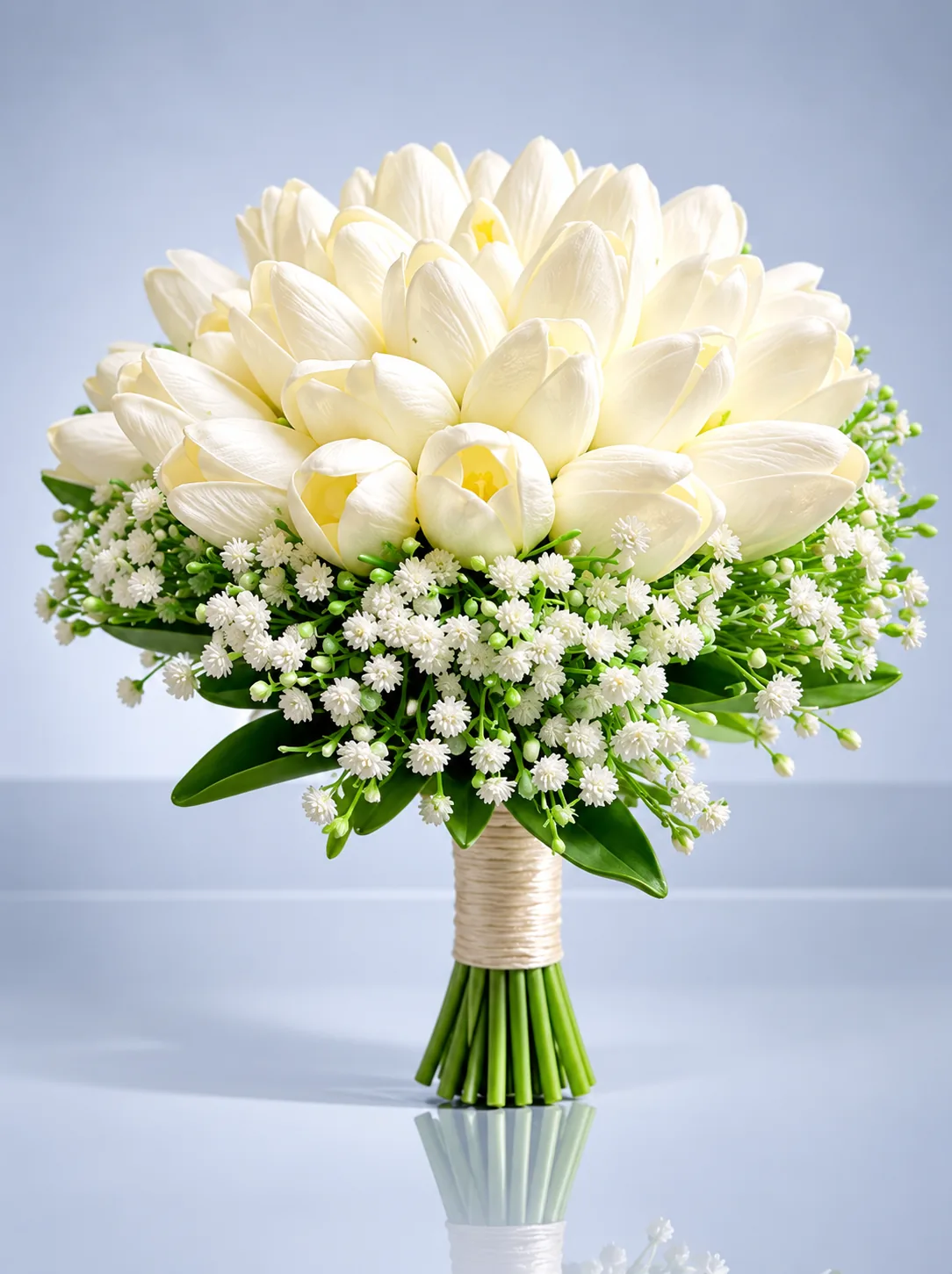 Bruidsboeket Jardin van Dalas met witte tulpen, gipskruid en groen blad